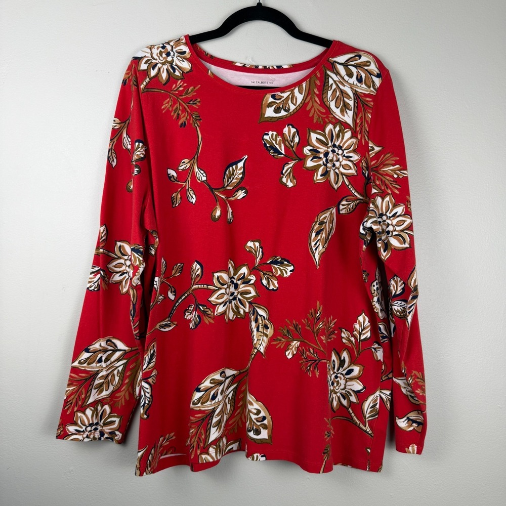 Talbots T-Shirt Women's 2X Red Brown Floral Print Long Sleeve Crewneck Stretch
